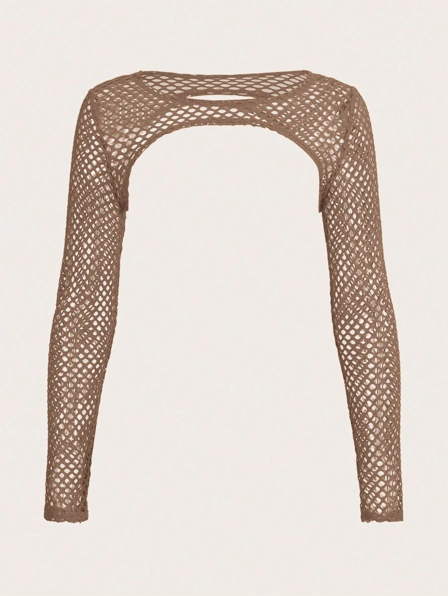 SHEIN ICON Hollow Out Fishnet Mesh Crop Top - Khaki - View 1