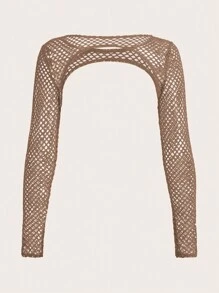 SHEIN ICON Hollow Out Fishnet Mesh Crop Top - Khaki - View 2