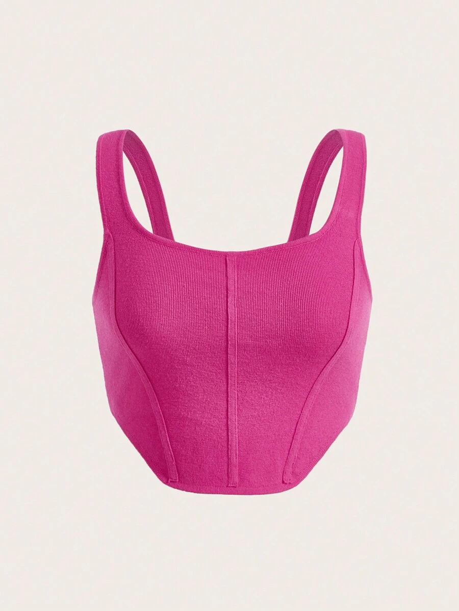 SHEIN EZwear Áo dệt kim nữ Bất đối xứng Gân đan màu trơn Giải trí - Màu Hồng Tươi - Xem 1