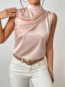 SHEIN Privé Solid Mock Neck Ruched Satin Blouse