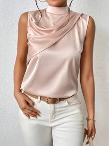 SHEIN Privé Solid Mock Neck Ruched Satin Blouse