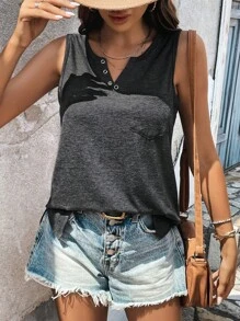 SHEIN LUNE 缺口領背心上衣 - 黑色 - 查看 3