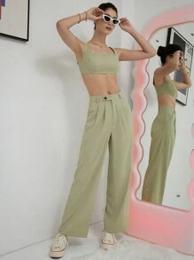 SHEIN Unity Bộ đồ hai mảnh nữ Nút Túi Dây kéo màu trơn Giải trí - Màu xanh Bạc hà - Xem 4