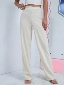 SHEIN Essnce 素色拉鏈門襟長褲 - 白色 - 查看 1