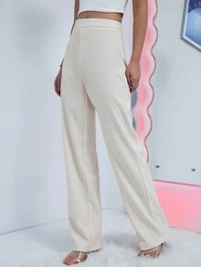 SHEIN Essnce 素色拉鏈門襟長褲 - 白色 - 查看 3