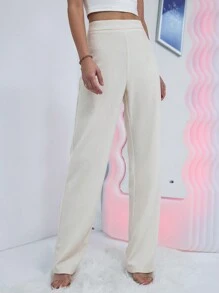 SHEIN Essnce 素色拉鏈門襟長褲 - 白色 - 查看 4