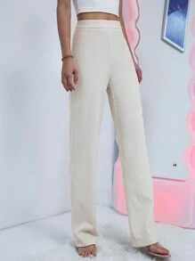 SHEIN Essnce 素色拉鏈門襟長褲 - 白色 - 查看 5