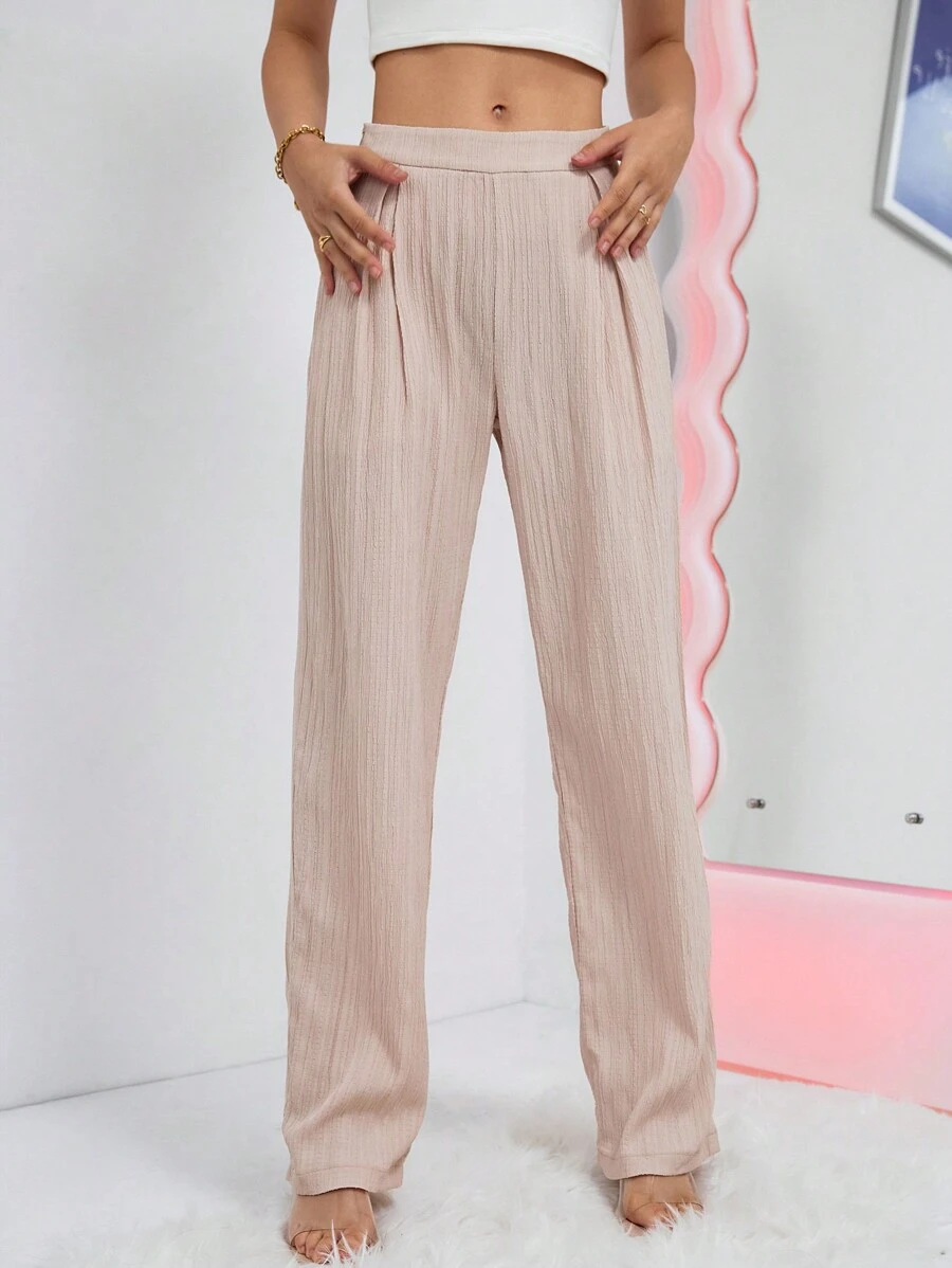 SHEIN Essnce 素色直筒褲 - 杏色 - 查看 1