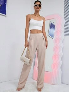 SHEIN Essnce 素色直筒褲 - 杏色 - 查看 5