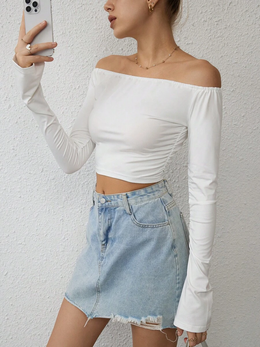 SHEIN Privé Áo thun nữ Xù màu trơn Giải trí - trắng - Xem 1