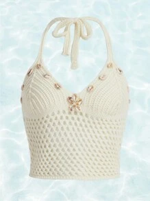 ROMWE Fairycore 貝殼貼花吊脖針織上衣 - 米色 - 查看 1