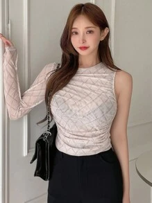 DAZY 几何图案网纱无胸罩长袖透视女式上衣，秋季女装外出上衣 - 卡其色 - 查看 4
