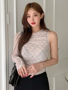 DAZY 几何图案网纱无胸罩长袖透视女式上衣，秋季女装外出上衣 - 卡其色 - 查看 6