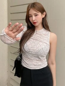 DAZY 几何图案网纱无胸罩长袖透视女式上衣，秋季女装外出上衣 - 卡其色 - 查看 7