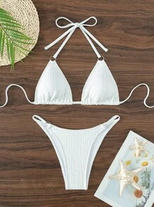 環鏈掛脖三角杯比基尼泳裝 - 白色 - 查看 1