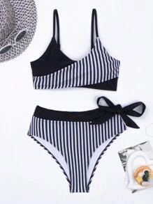 Bañador bikini de rayas con nudo lateral - Blanco y Negro - Ver 3
