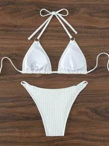 環鏈掛脖三角杯比基尼泳裝 - 白色 - 查看 2