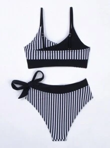 Bañador bikini de rayas con nudo lateral - Blanco y Negro - Ver 4