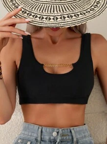 Chain Linked Cut Out Front Bikini Top - Black - View 1