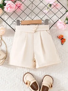 Little Girls' Fashionable Foldover Waist Button Detail Shorts For Summer - Apricot - View 1