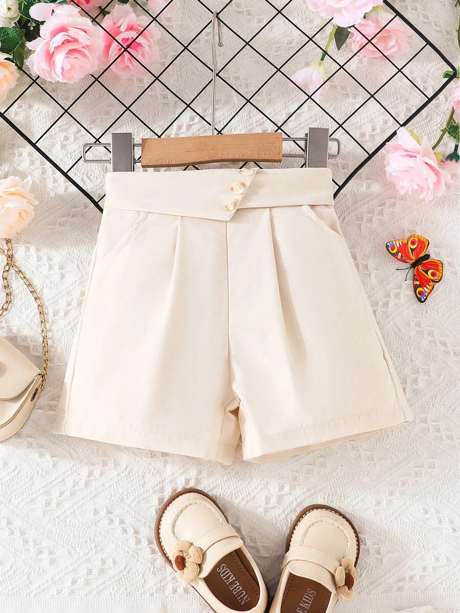 Little Girls' Fashionable Foldover Waist Button Detail Shorts For Summer - Apricot - View 1