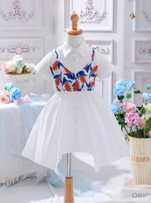 Đầm bé gái Bất đối xứng Nút phía trước 2 trong1 Hoa Giải trí - trắng - Xem 1