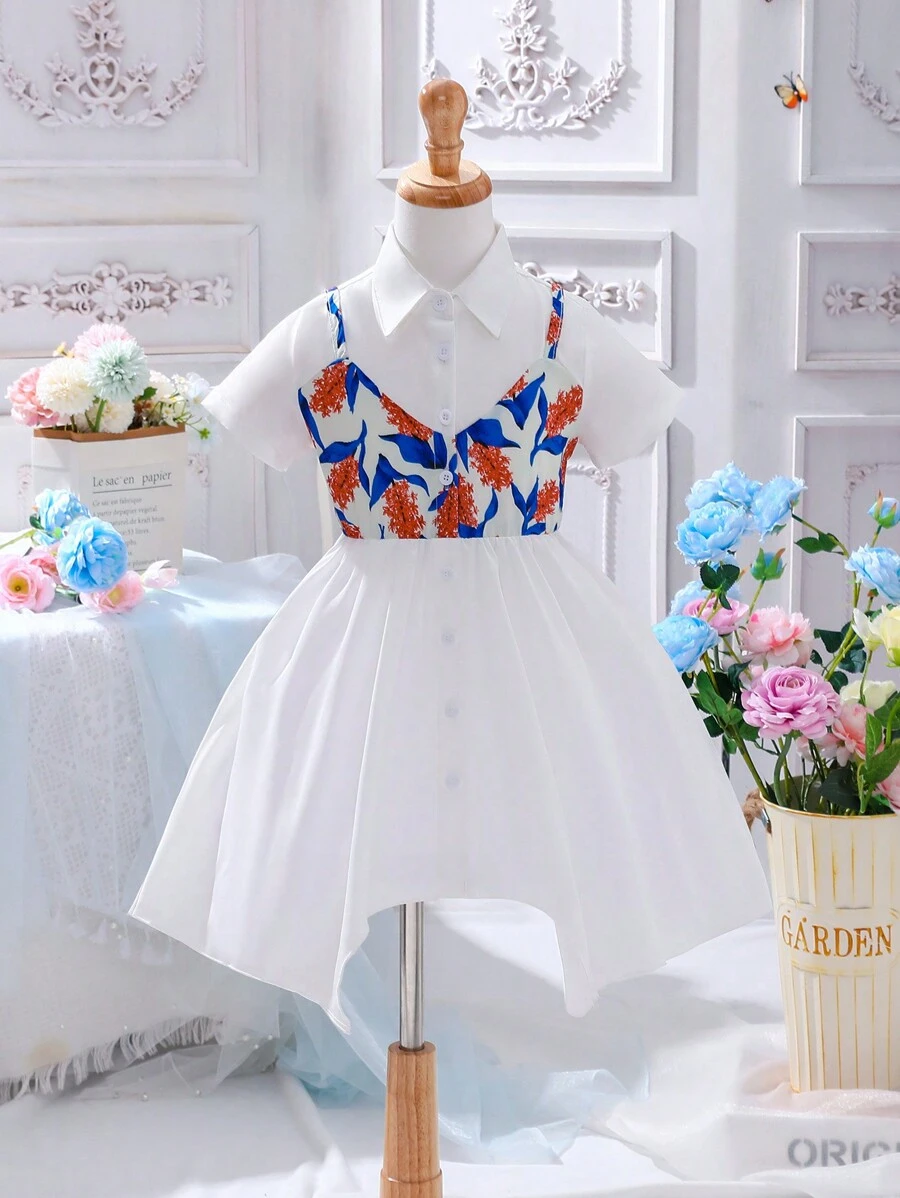 Đầm bé gái Bất đối xứng Nút phía trước 2 trong1 Hoa Giải trí - trắng - Xem 1