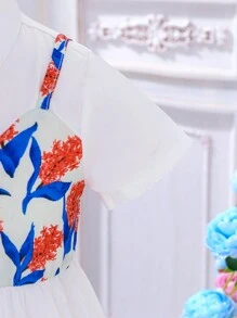 Đầm bé gái Bất đối xứng Nút phía trước 2 trong1 Hoa Giải trí - trắng - Xem 3