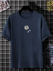 Manfinity Homme Nam Thêu hoa Thả vai Áo thun Oversize - Màu xanh hải quân - Xem 4