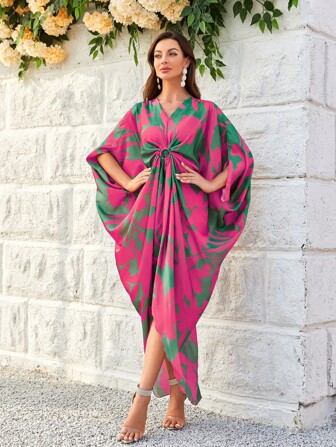 Floral Print Batwing Sleeve O-Ring Detail Asymmetrical Hem Modest Long Sleeve Dress Kaftan Arabian Dress
