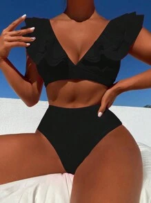 荷葉邊高腰比基尼泳裝 - 黑色 - 查看 1