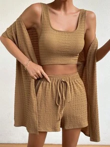 SHEIN Essnce 素色背心上衣&短褲&開門襟外套 - 駝色 - 查看 4