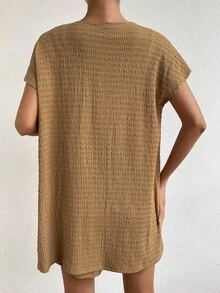 SHEIN Essnce 素色背心上衣&短褲&開門襟外套 - 駝色 - 查看 2