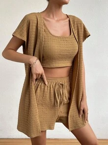 SHEIN Essnce 素色背心上衣&短褲&開門襟外套 - 駝色 - 查看 5