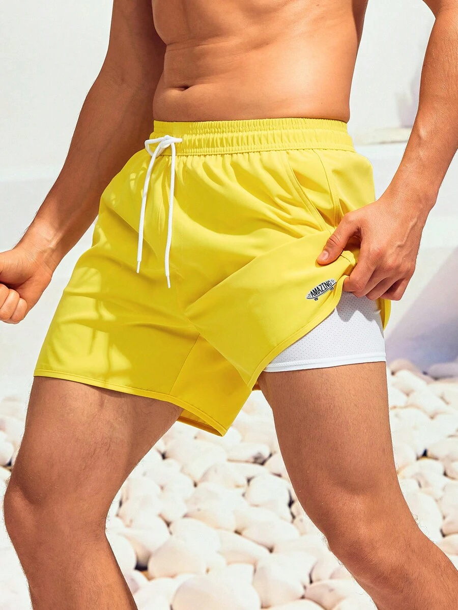 Surfspeed Hombres Shorts de natación con estampado de letra de cintura con cordón 2 en 1 - Amarillo - Ver 1