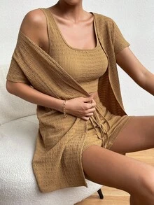 SHEIN Essnce 素色背心上衣&短褲&開門襟外套 - 駝色 - 查看 6