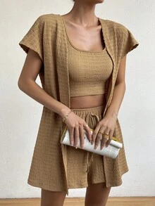 SHEIN Essnce 素色背心上衣&短褲&開門襟外套 - 駝色 - 查看 7