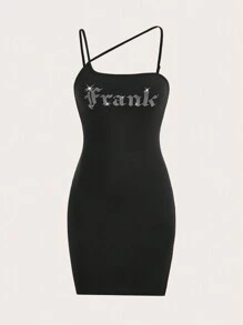 SHEIN ICON Đầm Pha lê kim cương Chia Lá thư Gợi cảm - màu đen - Xem 7