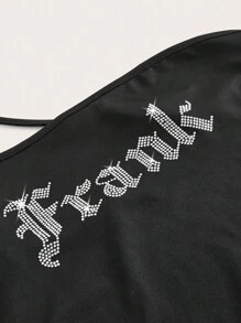 SHEIN ICON Đầm Pha lê kim cương Chia Lá thư Gợi cảm - màu đen - Xem 8