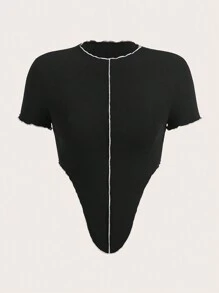 SHEIN ICON Top-stitching Asymmetrical Hem Crop Tee - Black - View 1