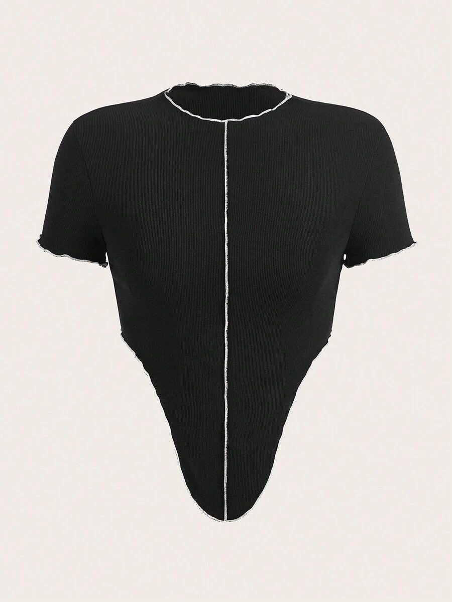 SHEIN ICON Top-stitching Asymmetrical Hem Crop Tee - Black - View 1