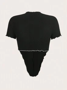 SHEIN ICON Top-stitching Asymmetrical Hem Crop Tee - Black - View 2