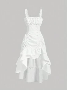 SHEIN MOD Vestido estilo camiseta campesina sin corset con capas de volantes en el dobladillo y busto fruncido - Blanco - Ver 1