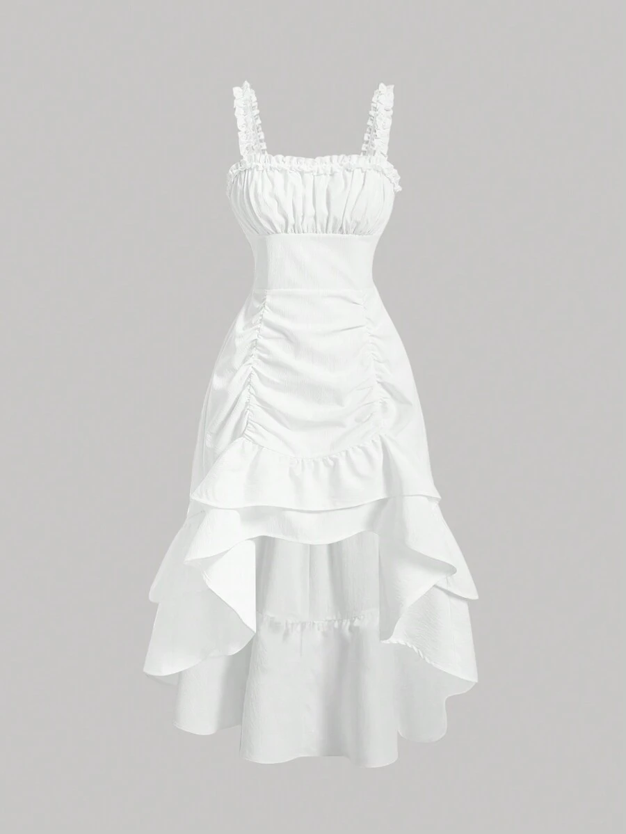 SHEIN MOD Vestido estilo camiseta campesina sin corset con capas de volantes en el dobladillo y busto fruncido - Blanco - Ver 1