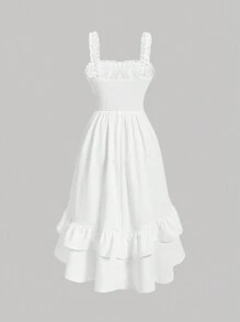 SHEIN MOD Vestido estilo camiseta campesina sin corset con capas de volantes en el dobladillo y busto fruncido - Blanco - Ver 2