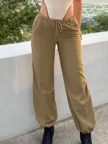 SHEIN ICON 腰部抽繩斜口袋長褲 - 駝色 - 查看 2