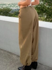 SHEIN ICON 腰部抽繩斜口袋長褲 - 駝色 - 查看 3