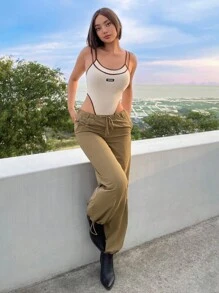 SHEIN ICON 腰部抽繩斜口袋長褲 - 駝色 - 查看 5