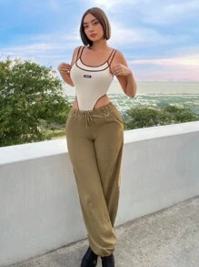 SHEIN ICON 腰部抽繩斜口袋長褲 - 駝色 - 查看 9