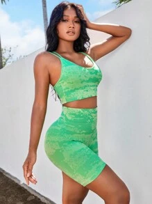 滿版印花寬腰帶運動套裝 - 綠色 - 查看 3